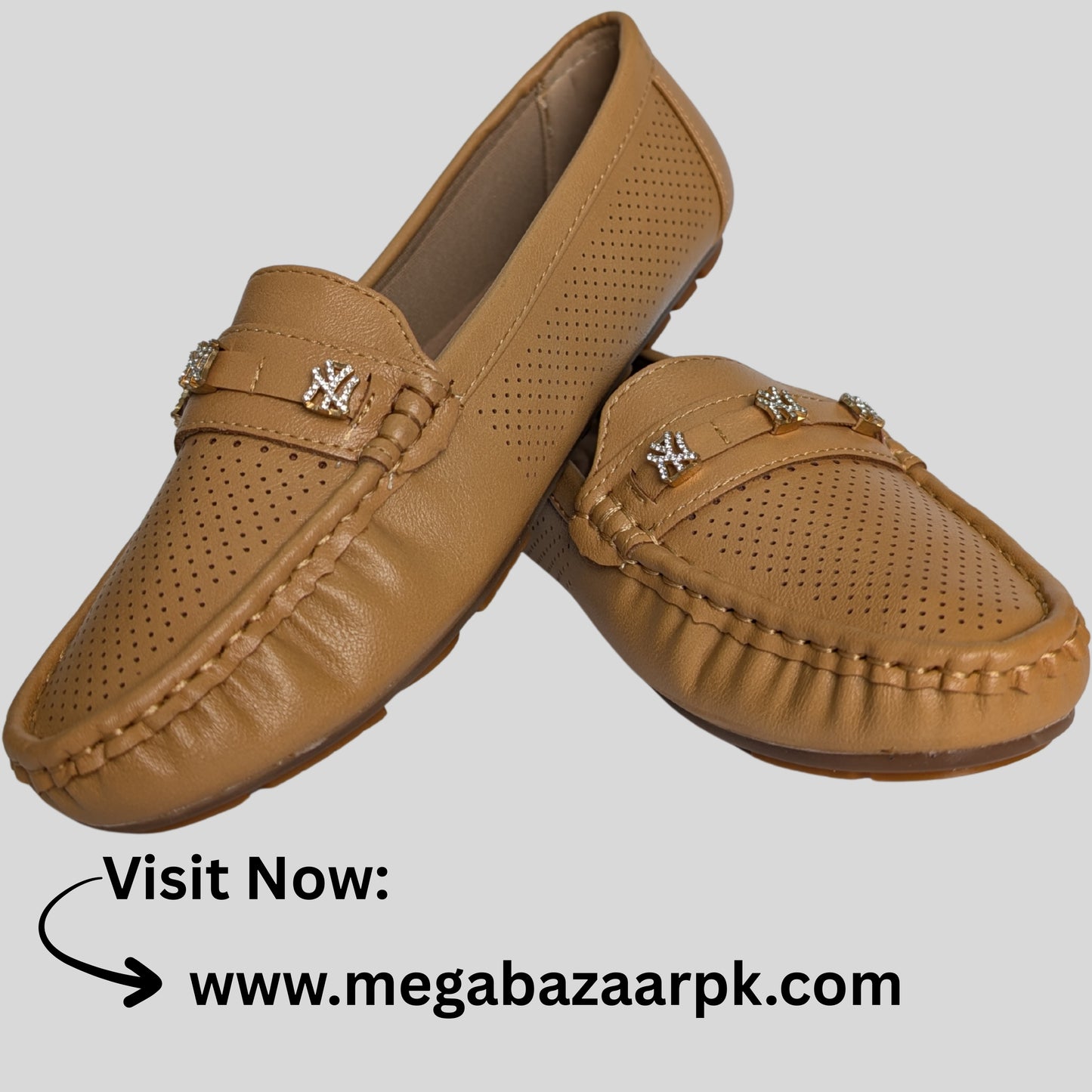 Tan Perforated Moccasins with Crystal Embellishments