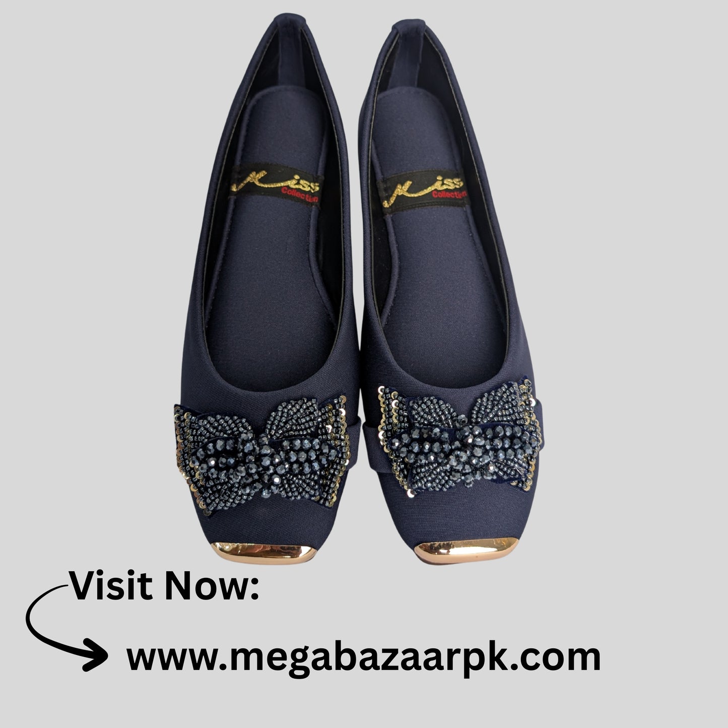 Elegant Navy Flats with Beaded Bow