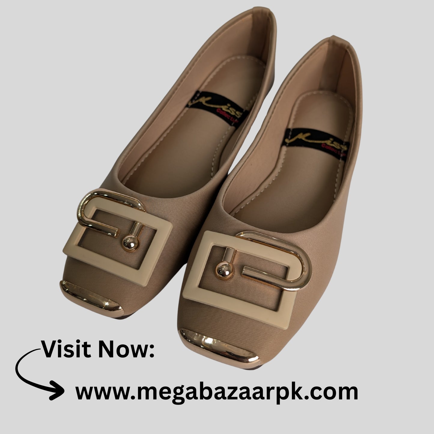 Beige Flats with Gold and Cream Buckle Detail