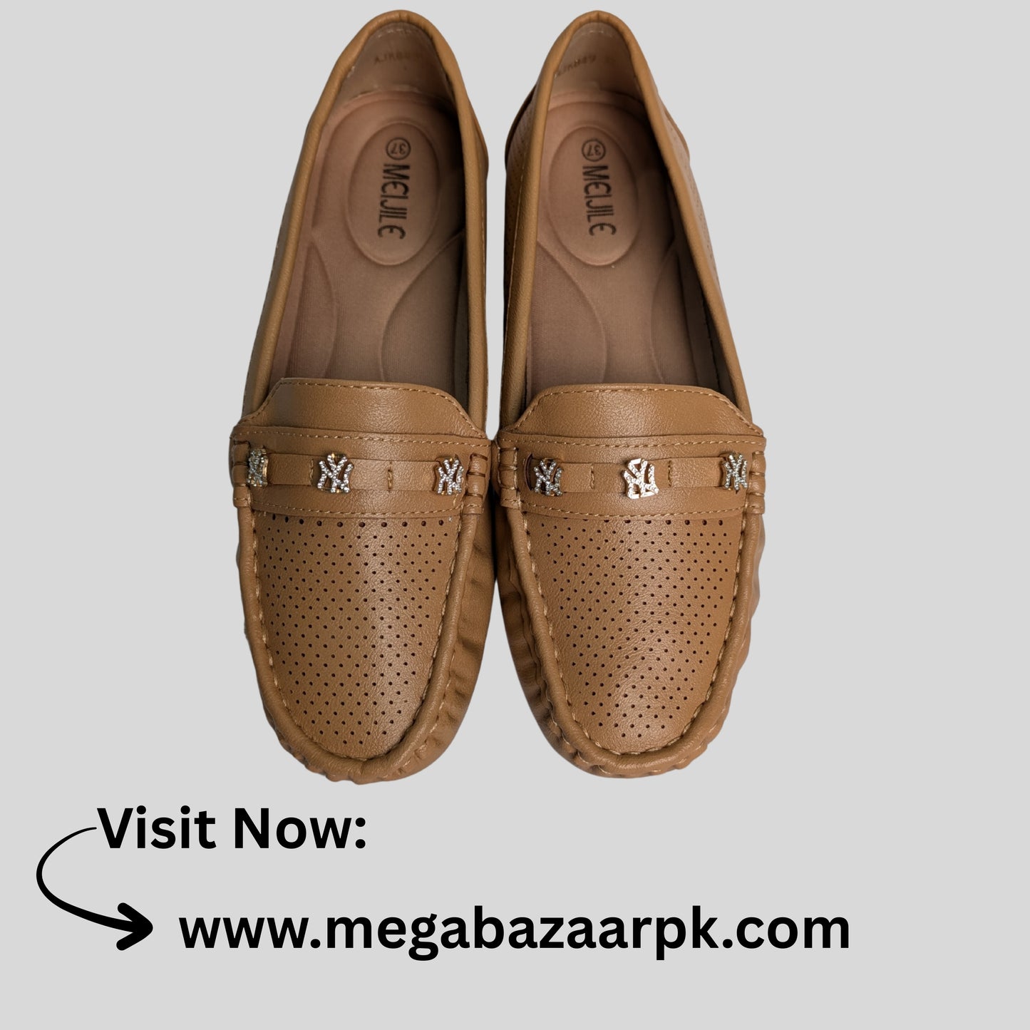 Tan Perforated Moccasins with Crystal Embellishments