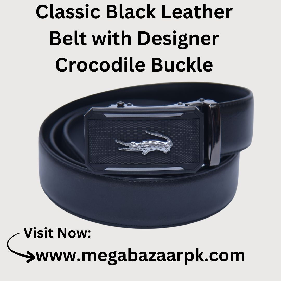 Classic Black Leather Belt with Designer Crocodile Buckle