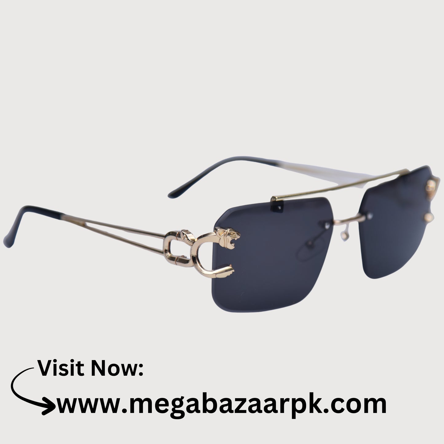 Luxury Rimless Rectangular Panther-Emblem Sunglasses