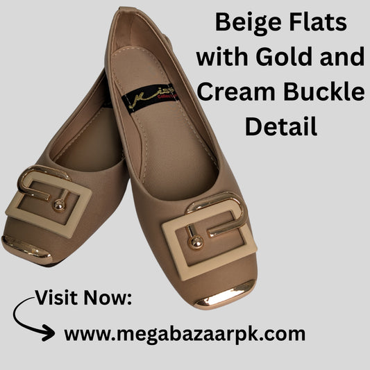 Beige Flats with Gold and Cream Buckle Detail