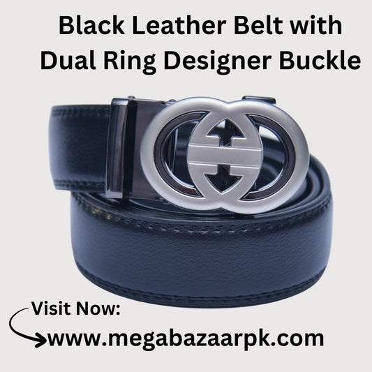 Black Leather Belt with Dual Ring Designer Buckle