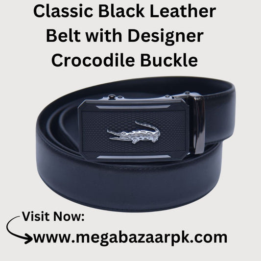 Classic Black Leather Belt with Designer Crocodile Buckle