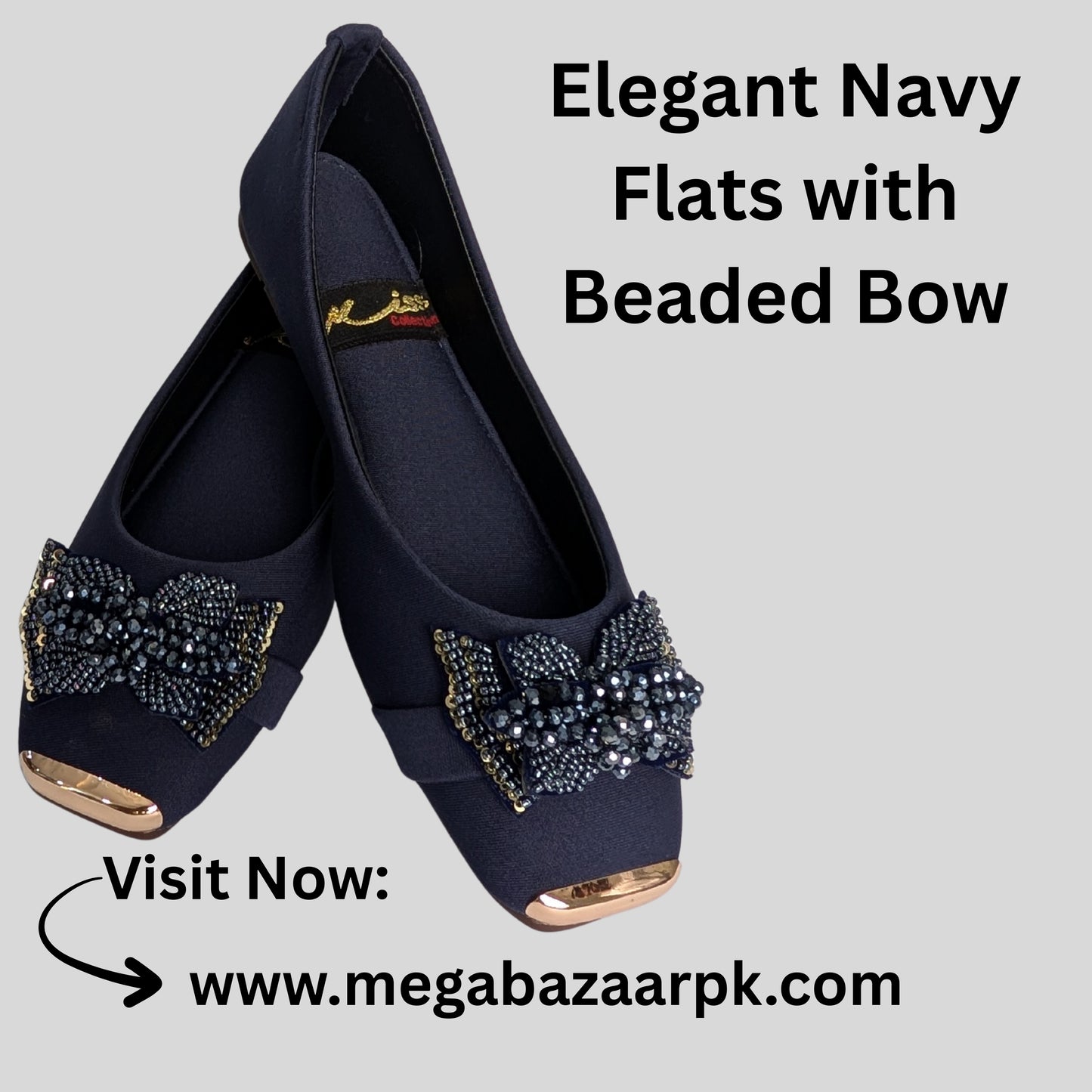 Elegant Navy Flats with Beaded Bow