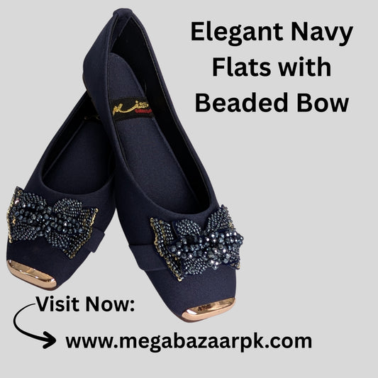 Elegant Navy Flats with Beaded Bow