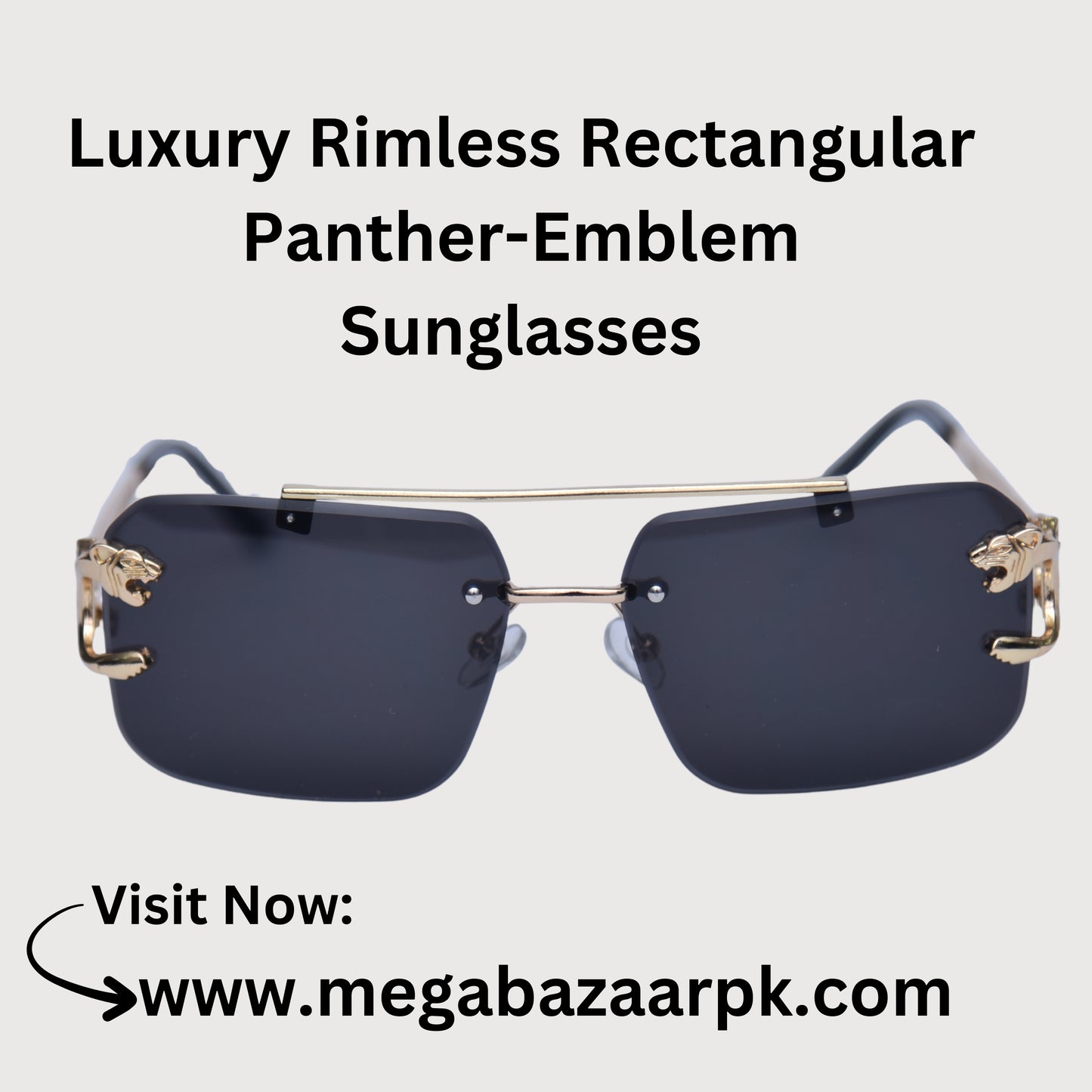 Luxury Rimless Rectangular Panther-Emblem Sunglasses
