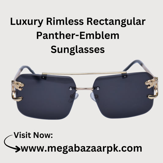 Luxury Rimless Rectangular Panther-Emblem Sunglasses