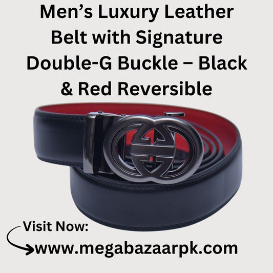 Men’s Luxury Leather Belt with Signature Double-G Buckle – Black & Red Reversible