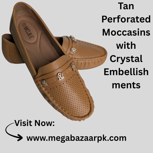 Tan Perforated Moccasins with Crystal Embellishments